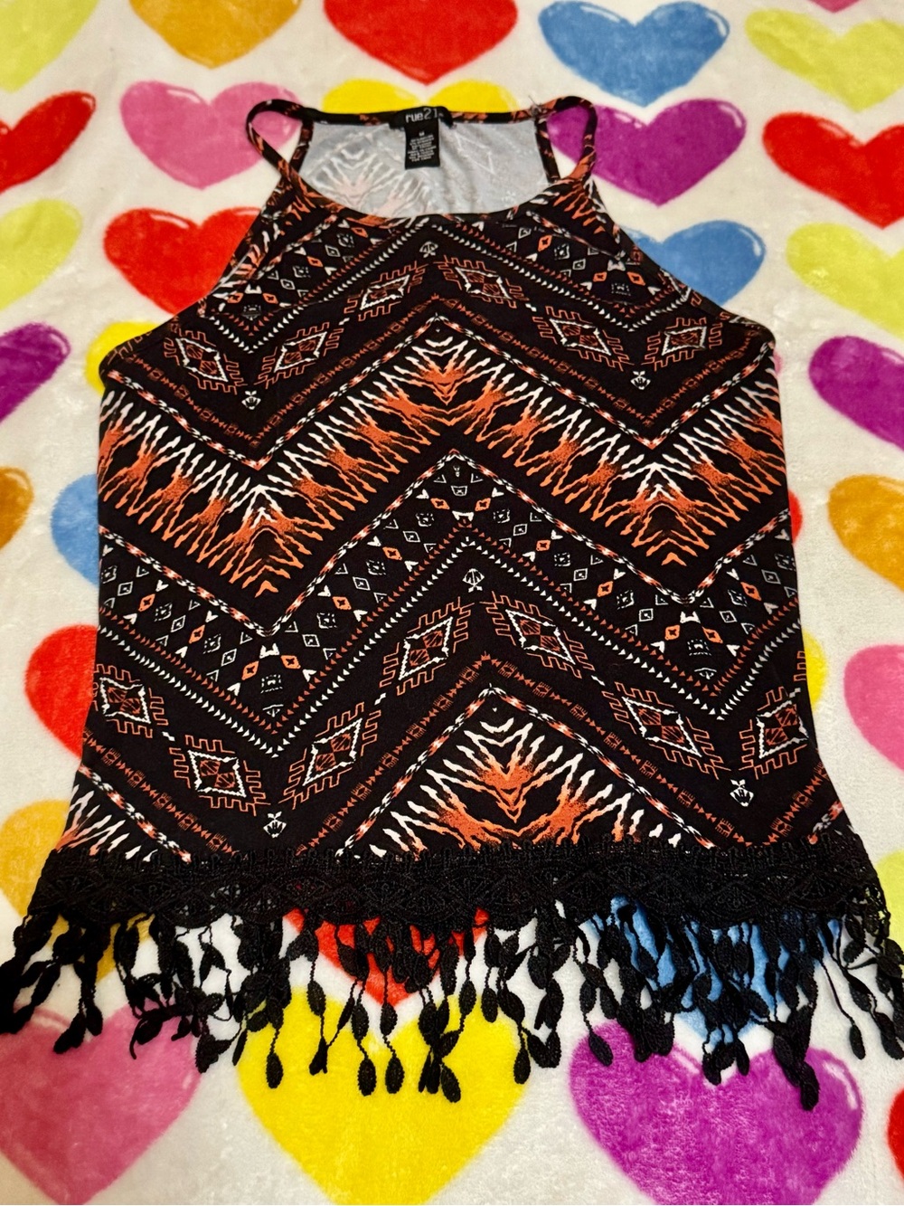 Rue21 Black Orange Tribal Fringe Halter Tank